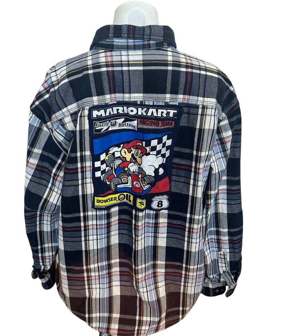 Mario Kart Racing Team Plaid Flannel Shirt XXL Oversized Upcycle Unique Gamer